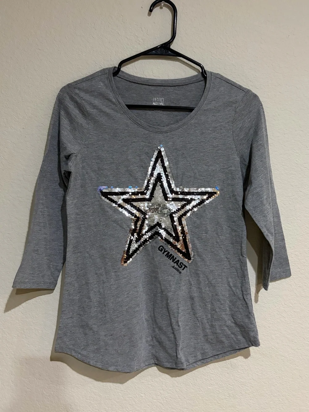 Justice Active Girls 14/16 XL Gymnast Shirt Flip Sequin Star 3/4 Sleeve Gray